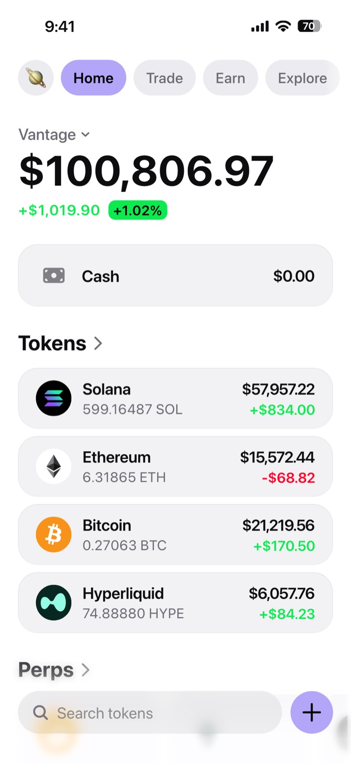 Crypto wallet portfolio screen composed in My Larp Wallet: a wallet named Vantage, a total balance above a list of 4 tokens showing each holding and its change over the day, in a light theme with a lavender accent.