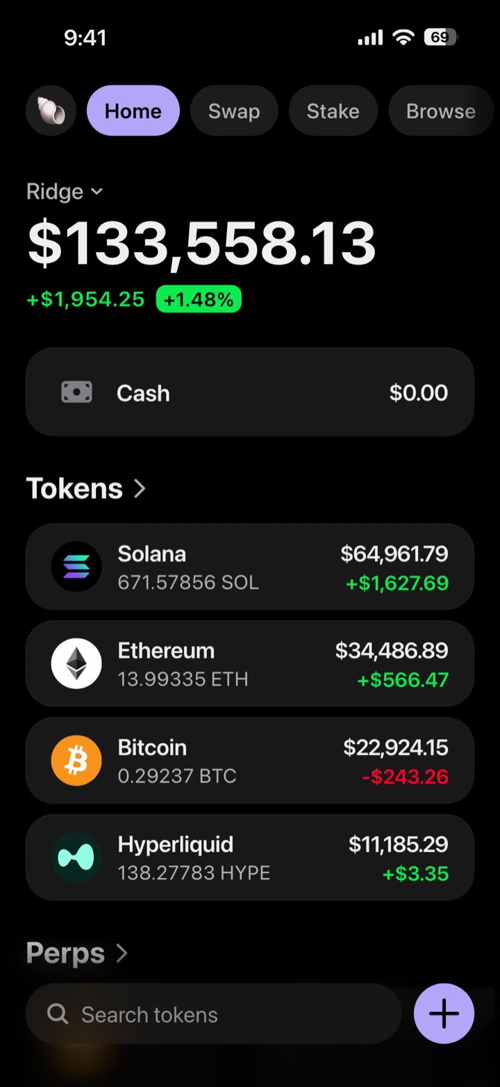 Crypto wallet portfolio screen composed in My Larp Wallet: a wallet named Ridge, a total balance above a list of 4 tokens showing each holding and its change over the day, in a dark theme with a lavender accent.