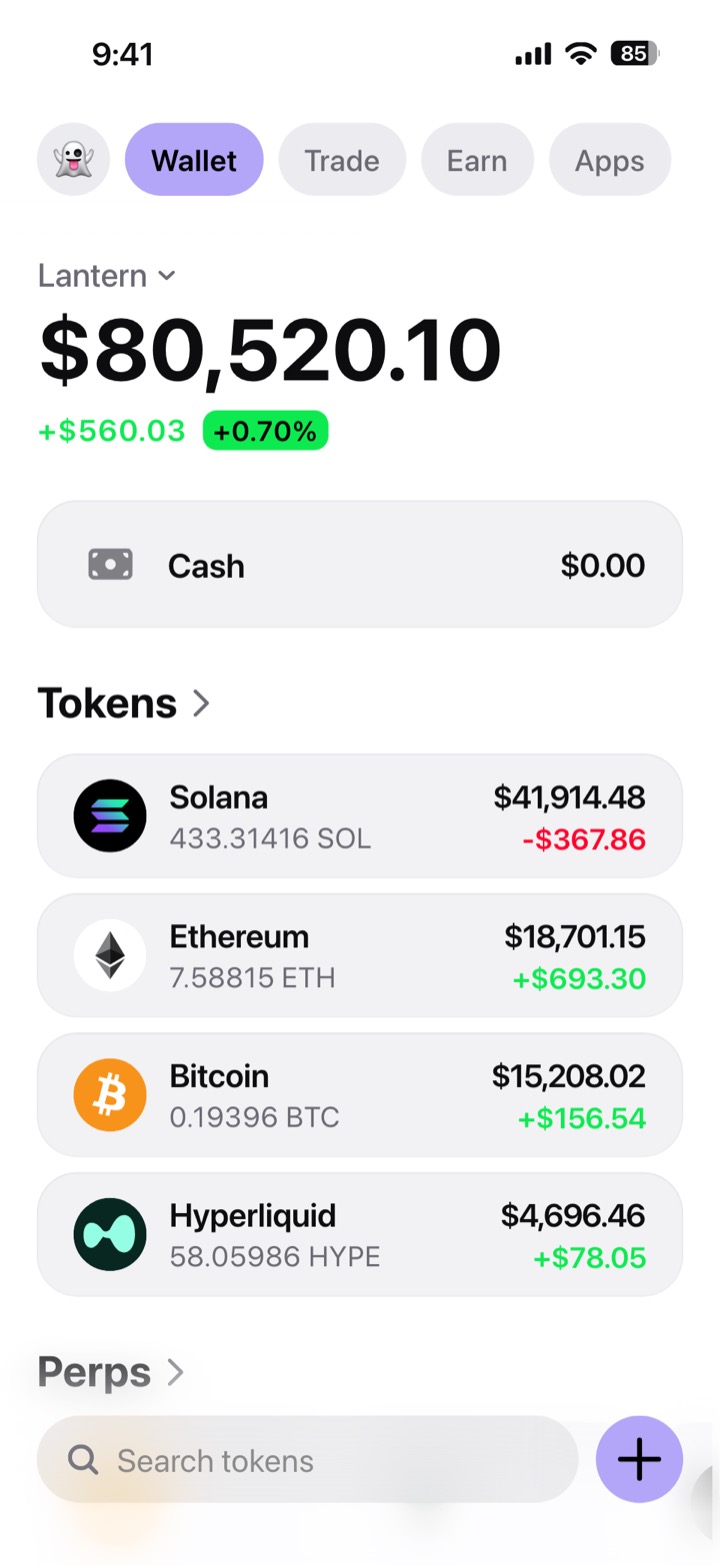 Crypto wallet portfolio screen composed in My Larp Wallet: a wallet named Lantern, a total balance above a list of 4 tokens showing each holding and its change over the day, in a light theme with a lavender accent.