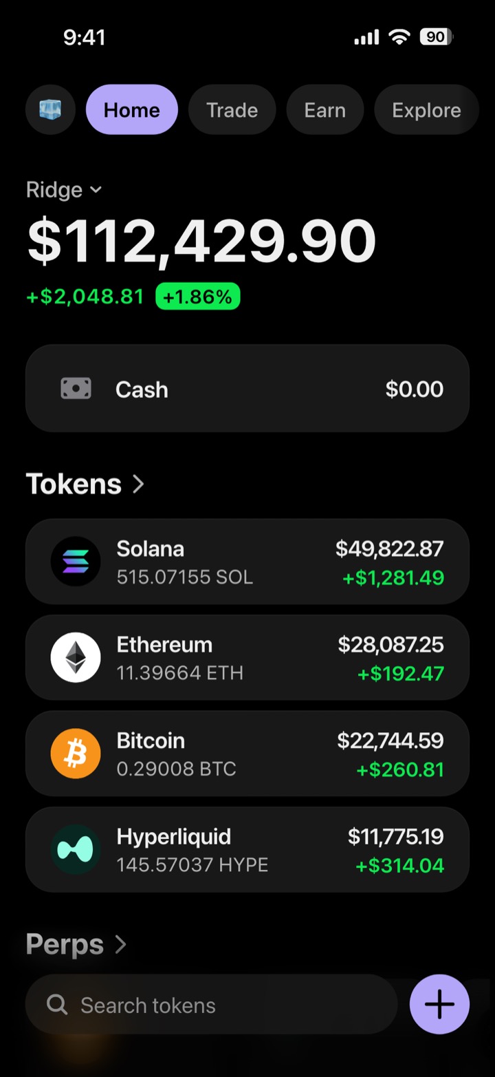 Crypto wallet portfolio screen composed in My Larp Wallet: a wallet named Ridge, a total balance above a list of 4 tokens showing each holding and its change over the day, in a dark theme with a lavender accent.