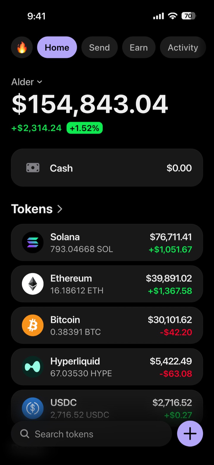 Crypto wallet portfolio screen composed in My Larp Wallet: a wallet named Alder, a total balance above a list of 5 tokens showing each holding and its change over the day, in a dark theme with a lavender accent.