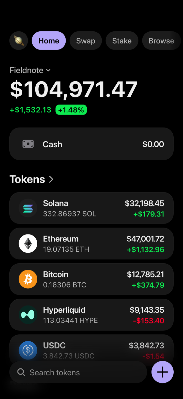 Crypto wallet portfolio screen composed in My Larp Wallet: a wallet named Fieldnote, a total balance above a list of 5 tokens showing each holding and its change over the day, in a dark theme with a lavender accent.
