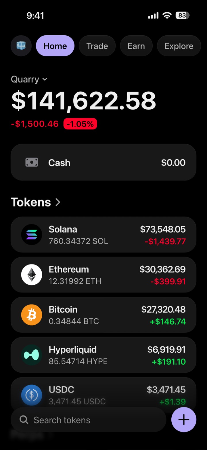 Crypto wallet portfolio screen composed in My Larp Wallet: a wallet named Quarry, a total balance above a list of 5 tokens showing each holding and its change over the day, in a dark theme with a lavender accent.