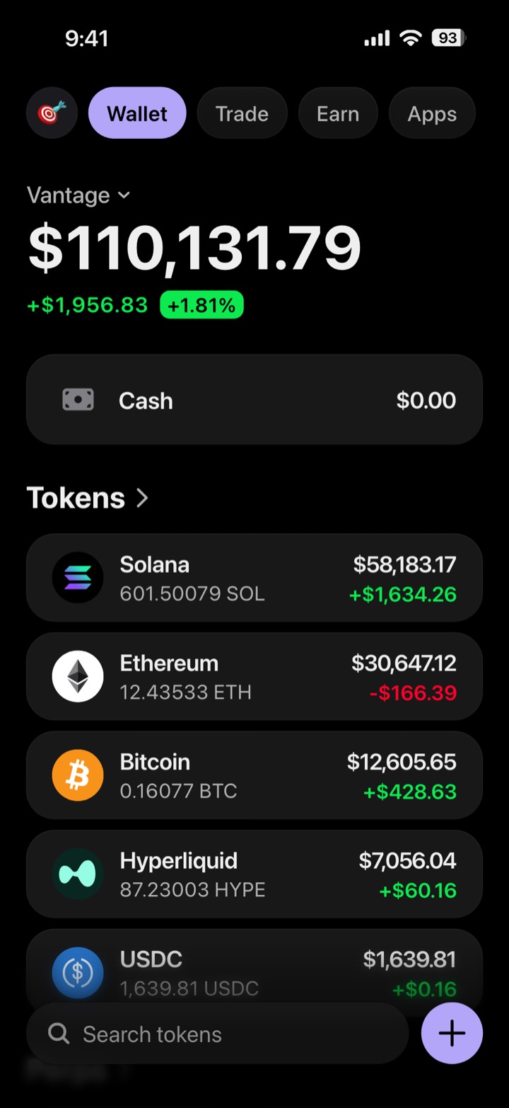 Crypto wallet portfolio screen composed in My Larp Wallet: a wallet named Vantage, a total balance above a list of 5 tokens showing each holding and its change over the day, in a dark theme with a lavender accent.
