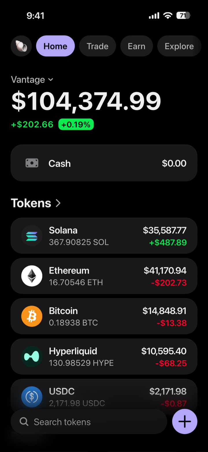 Crypto wallet portfolio screen composed in My Larp Wallet: a wallet named Vantage, a total balance above a list of 5 tokens showing each holding and its change over the day, in a dark theme with a lavender accent.