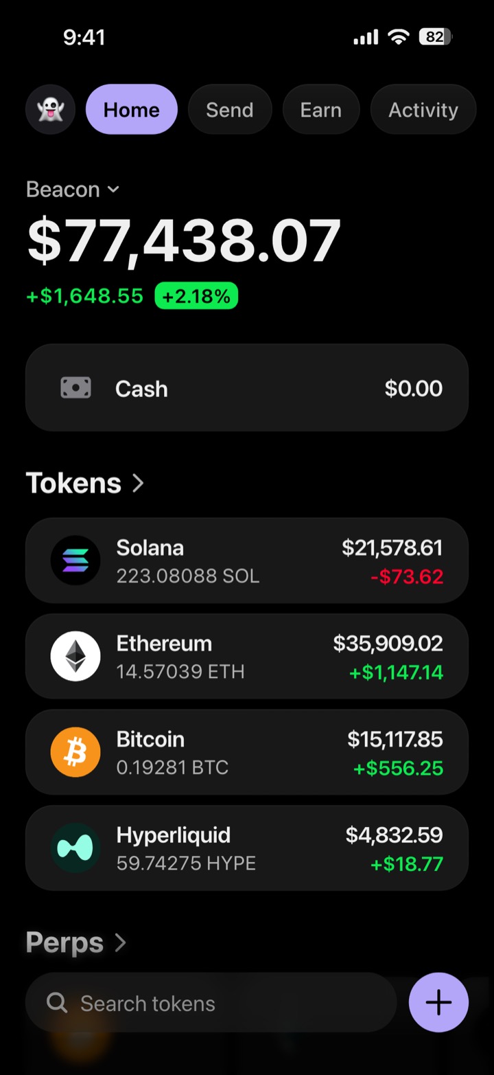 Crypto wallet portfolio screen composed in My Larp Wallet: a wallet named Beacon, a total balance above a list of 4 tokens showing each holding and its change over the day, in a dark theme with a lavender accent.