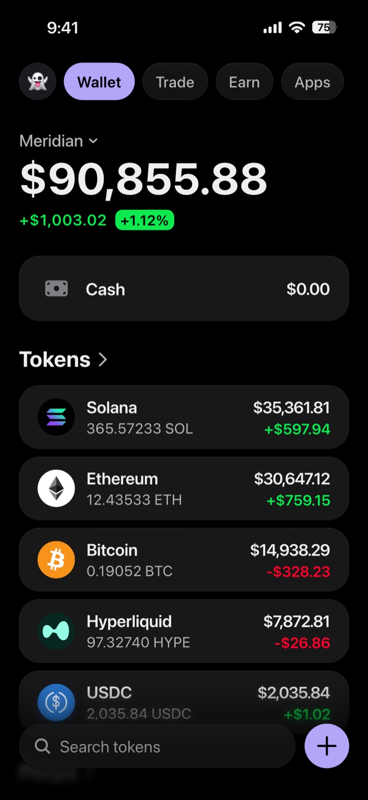 Crypto wallet portfolio screen composed in My Larp Wallet: a wallet named Meridian, a total balance above a list of 5 tokens showing each holding and its change over the day, in a dark theme with a lavender accent.