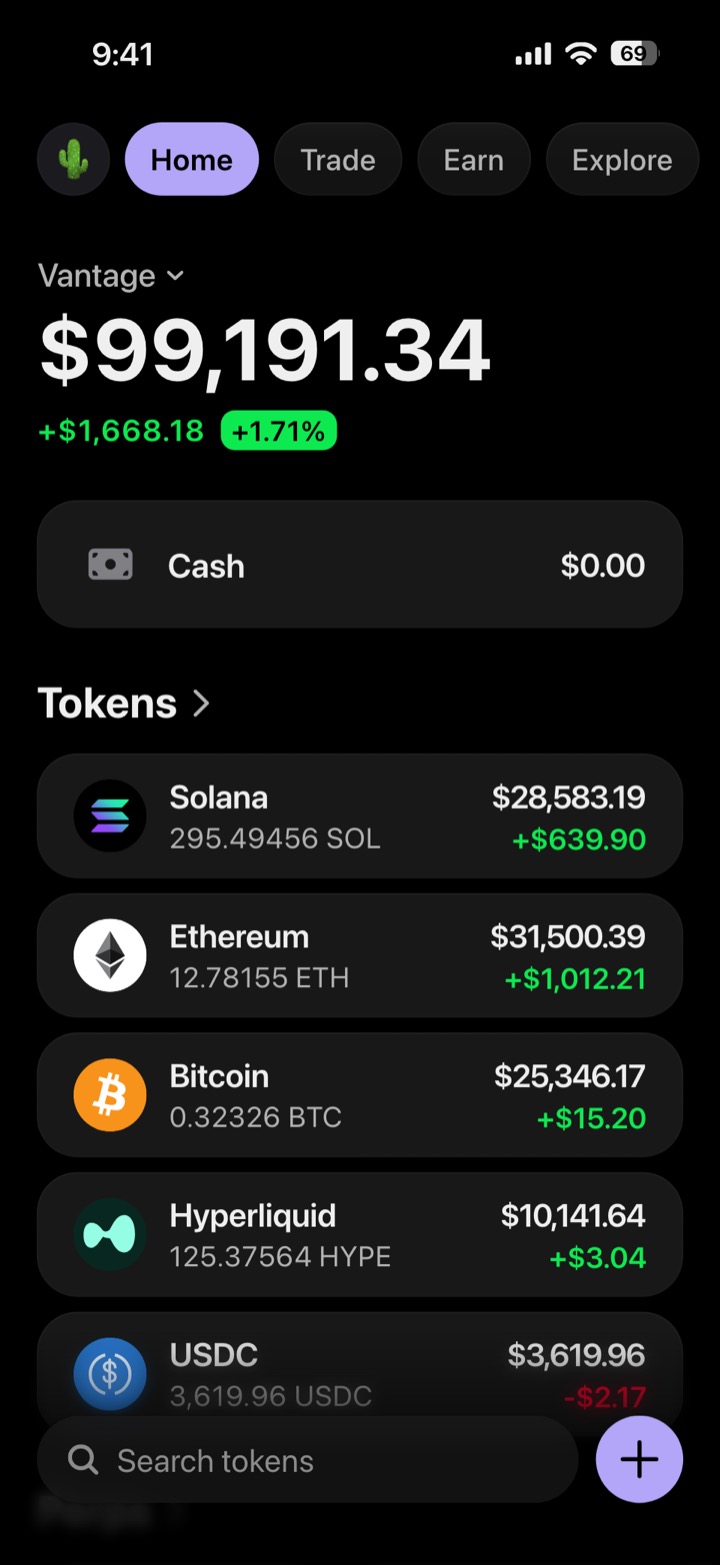 Crypto wallet portfolio screen composed in My Larp Wallet: a wallet named Vantage, a total balance above a list of 5 tokens showing each holding and its change over the day, in a dark theme with a lavender accent.
