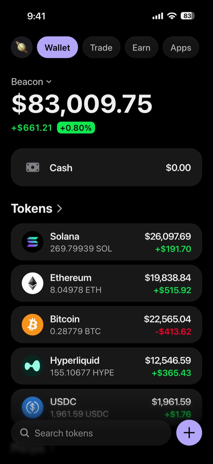 Crypto wallet portfolio screen composed in My Larp Wallet: a wallet named Beacon, a total balance above a list of 5 tokens showing each holding and its change over the day, in a dark theme with a lavender accent.