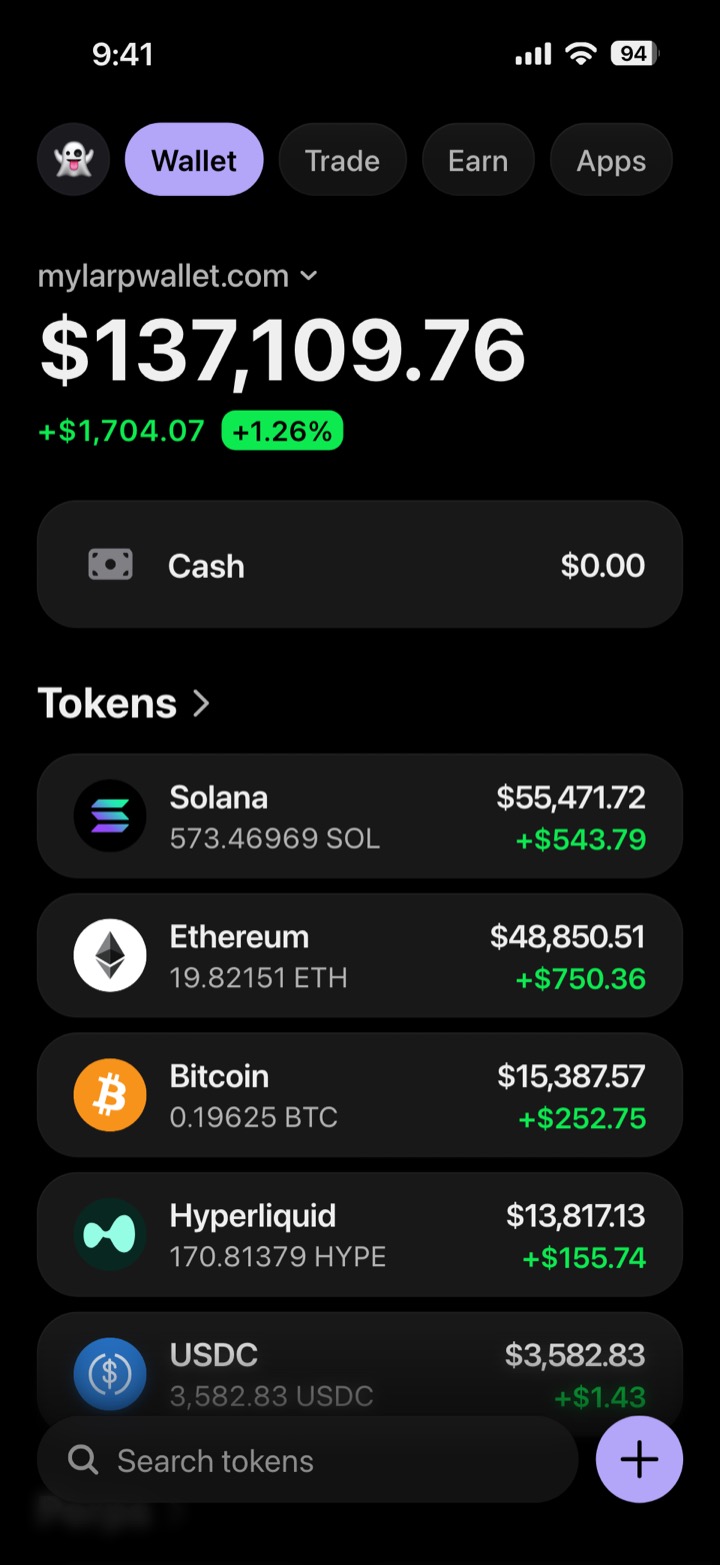 Crypto wallet portfolio screen composed in My Larp Wallet: a wallet named mylarpwallet.com, a total balance above a list of 5 tokens showing each holding and its change over the day, in a dark theme with a lavender accent.