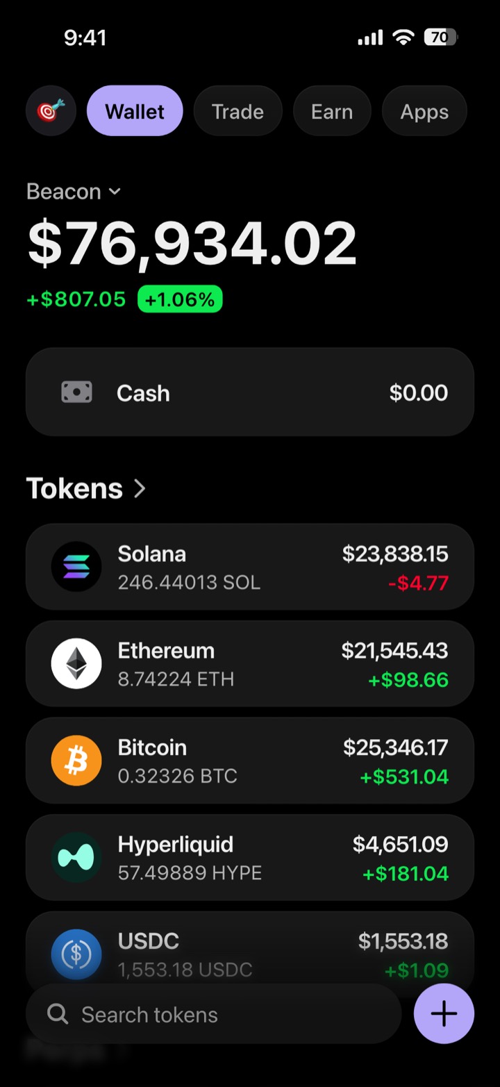 Crypto wallet portfolio screen composed in My Larp Wallet: a wallet named Beacon, a total balance above a list of 5 tokens showing each holding and its change over the day, in a dark theme with a lavender accent.
