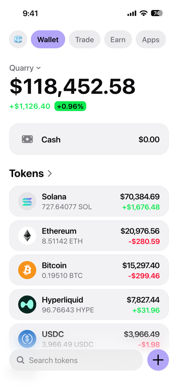 Crypto wallet portfolio screen composed in My Larp Wallet: a wallet named Quarry, a total balance above a list of 5 tokens showing each holding and its change over the day, in a light theme with a lavender accent.