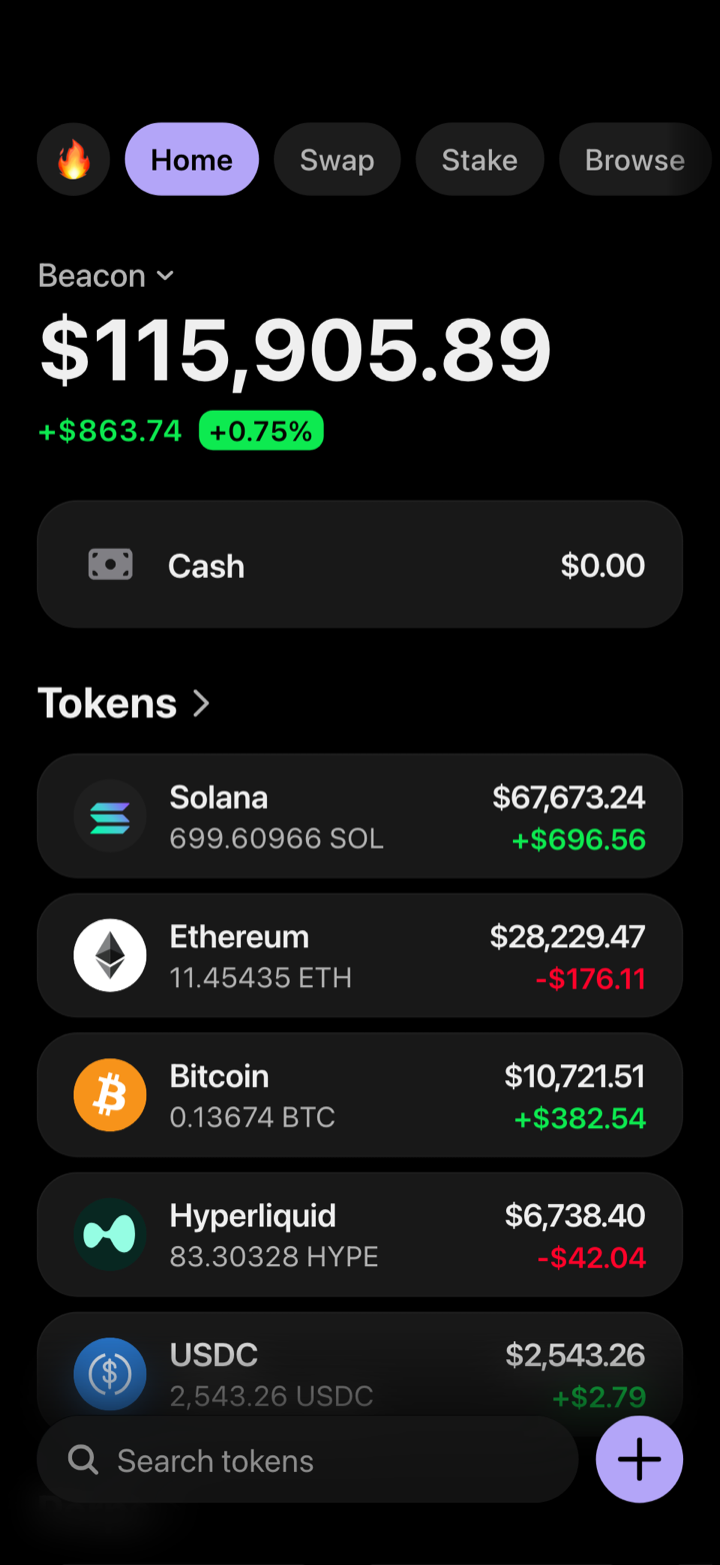 Crypto wallet portfolio screen composed in My Larp Wallet: a wallet named Beacon, a total balance above a list of 5 tokens showing each holding and its change over the day, in a dark theme with a lavender accent.