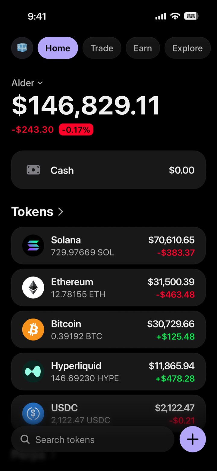 Crypto wallet portfolio screen composed in My Larp Wallet: a wallet named Alder, a total balance above a list of 5 tokens showing each holding and its change over the day, in a dark theme with a lavender accent.