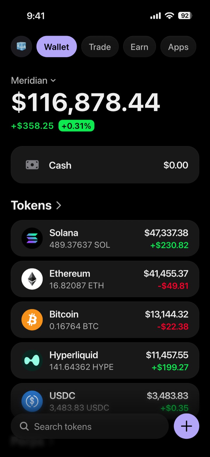 Crypto wallet portfolio screen composed in My Larp Wallet: a wallet named Meridian, a total balance above a list of 5 tokens showing each holding and its change over the day, in a dark theme with a lavender accent.