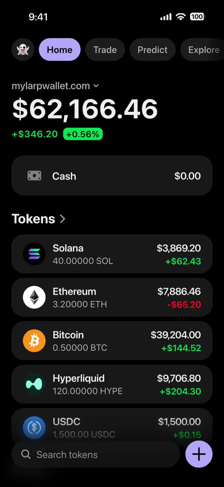 Crypto portfolio shown as a wallet screen in the My Larp Wallet demo: a total balance above SOL, ETH, BTC, HYPE and USDC holdings with their change over the day, dark theme, lavender accent. A mockup, not a wallet.