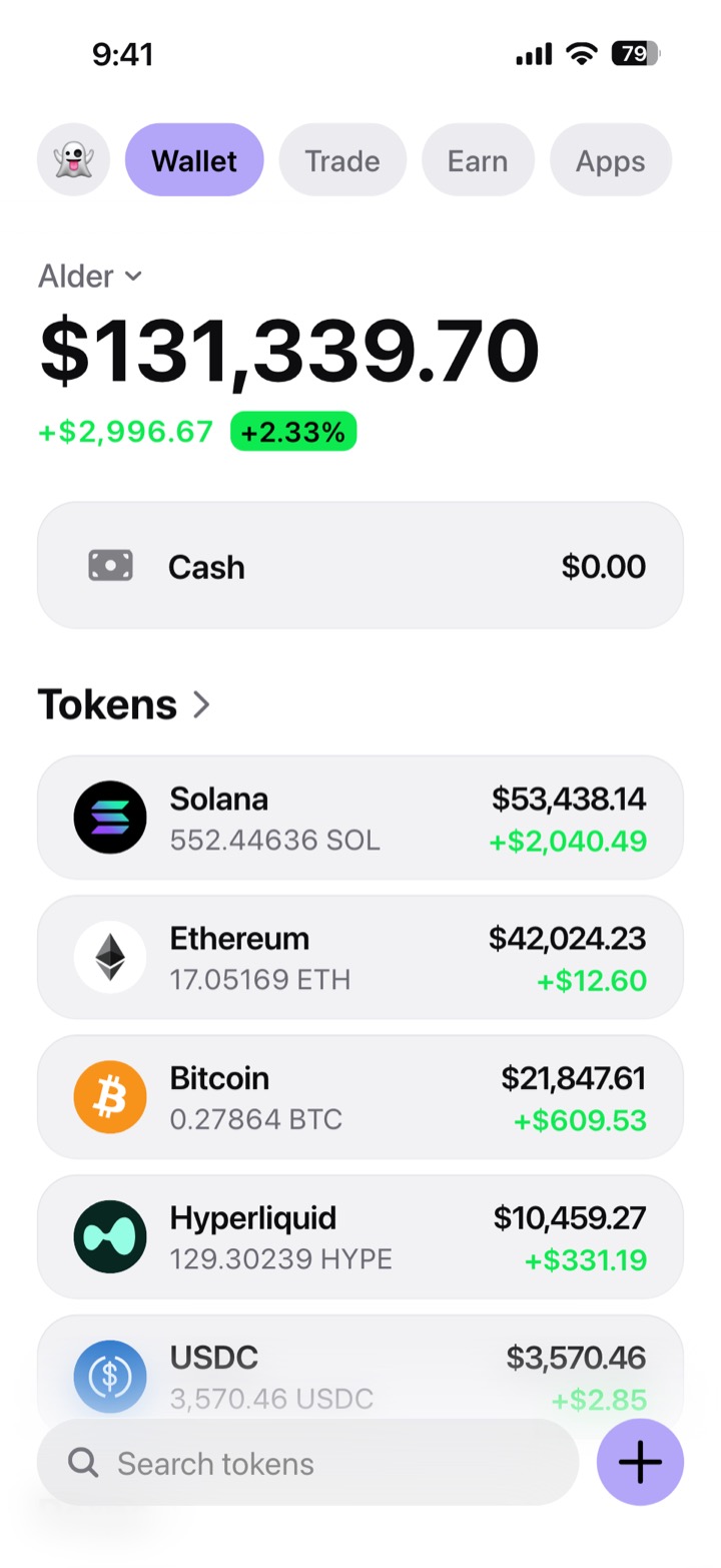 Crypto wallet portfolio screen composed in My Larp Wallet: a wallet named Alder, a total balance above a list of 5 tokens showing each holding and its change over the day, in a light theme with a lavender accent.