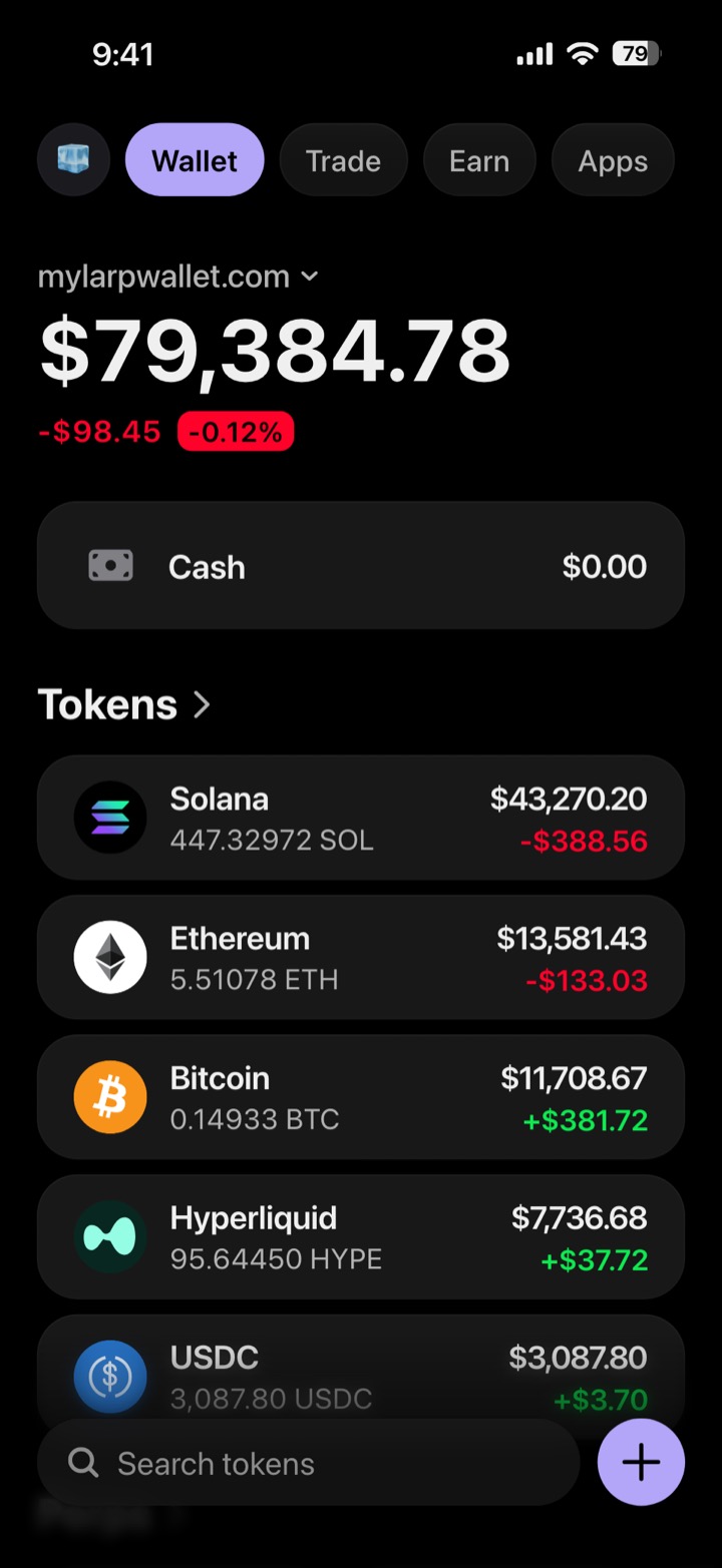 Crypto wallet portfolio screen composed in My Larp Wallet: a wallet named mylarpwallet.com, a total balance above a list of 5 tokens showing each holding and its change over the day, in a dark theme with a lavender accent.