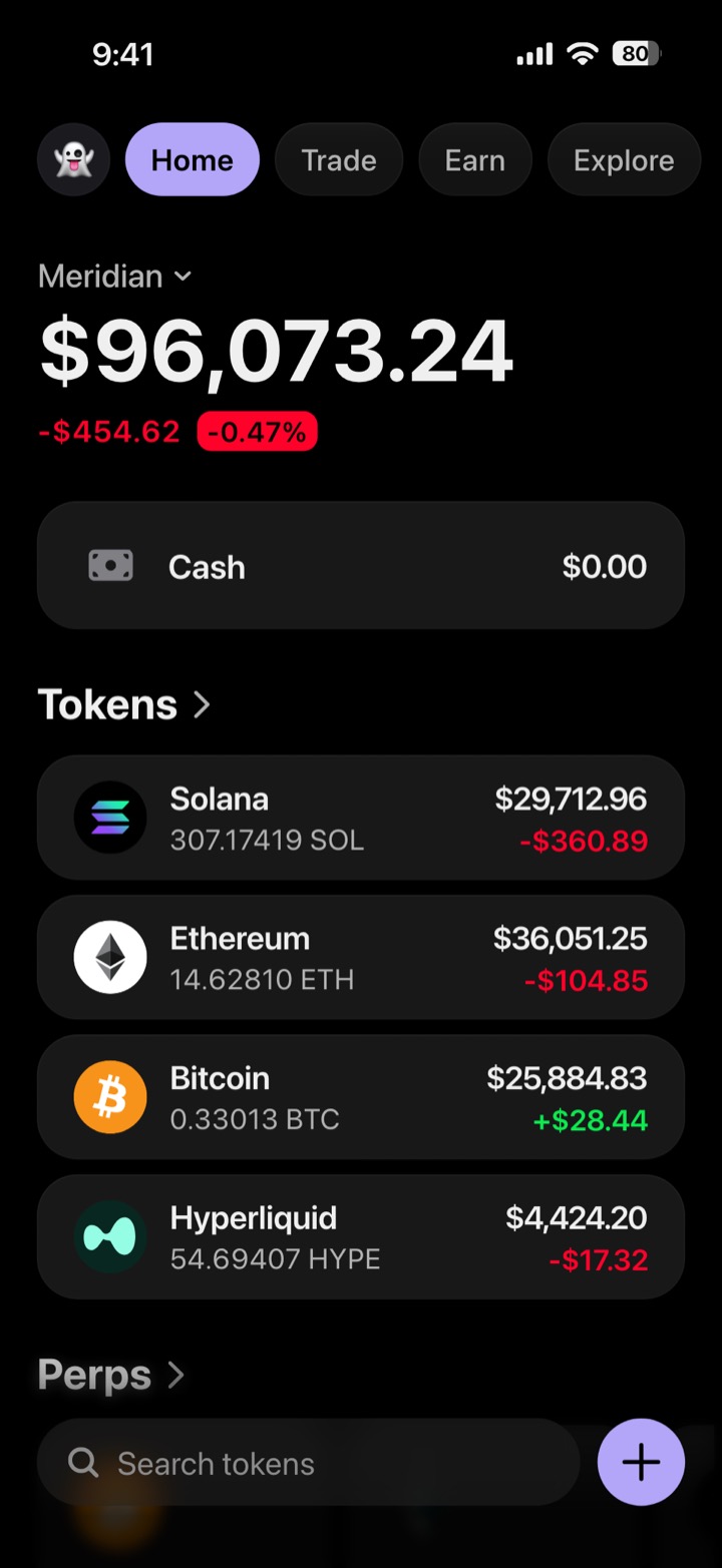Crypto wallet portfolio screen composed in My Larp Wallet: a wallet named Meridian, a total balance above a list of 4 tokens showing each holding and its change over the day, in a dark theme with a lavender accent.