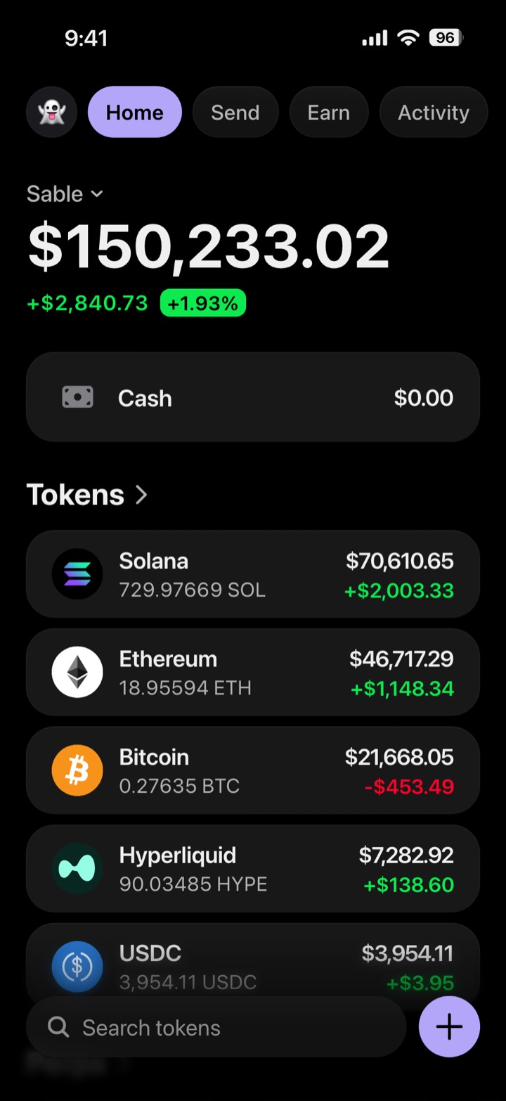 Crypto wallet portfolio screen composed in My Larp Wallet: a wallet named Sable, a total balance above a list of 5 tokens showing each holding and its change over the day, in a dark theme with a lavender accent.