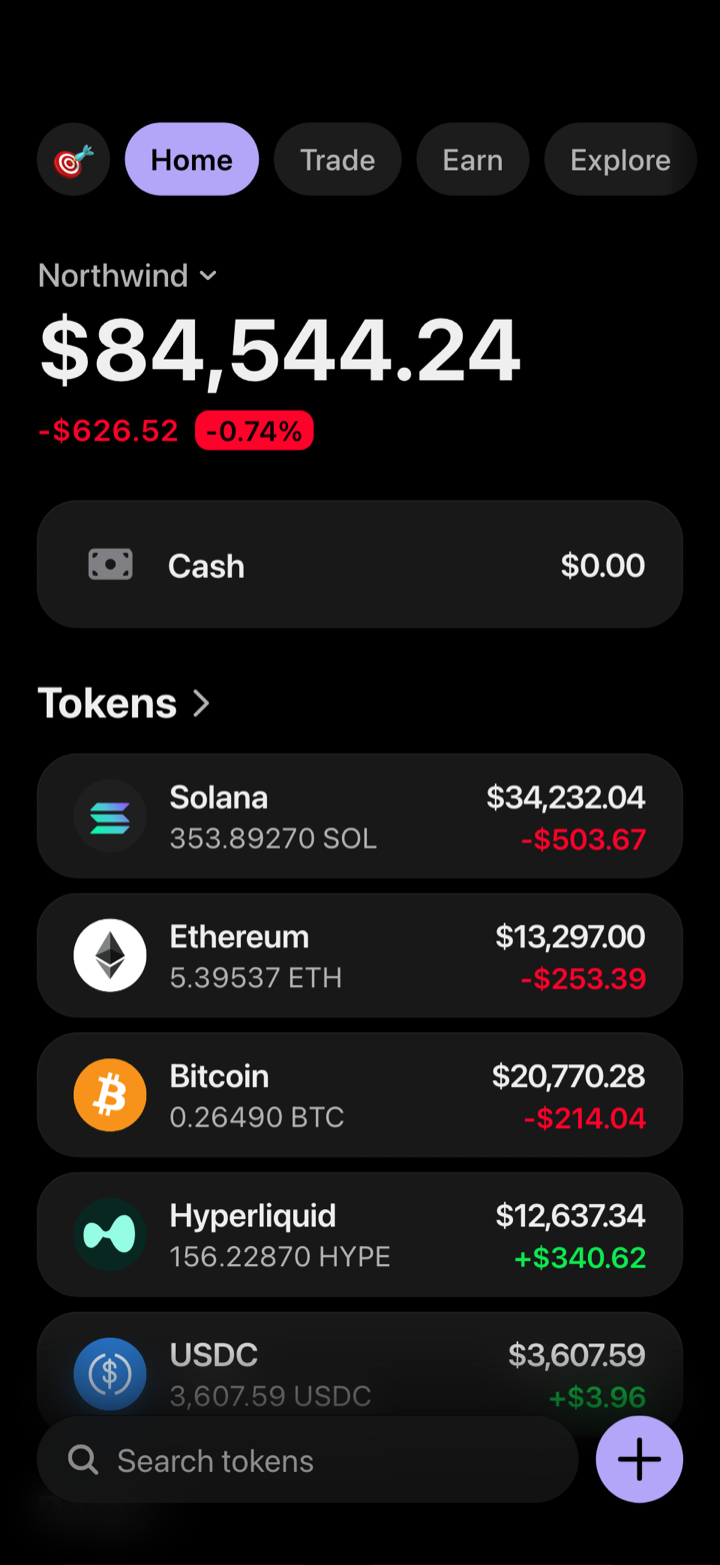 Crypto wallet portfolio screen composed in My Larp Wallet: a wallet named Northwind, a total balance above a list of 5 tokens showing each holding and its change over the day, in a dark theme with a lavender accent.