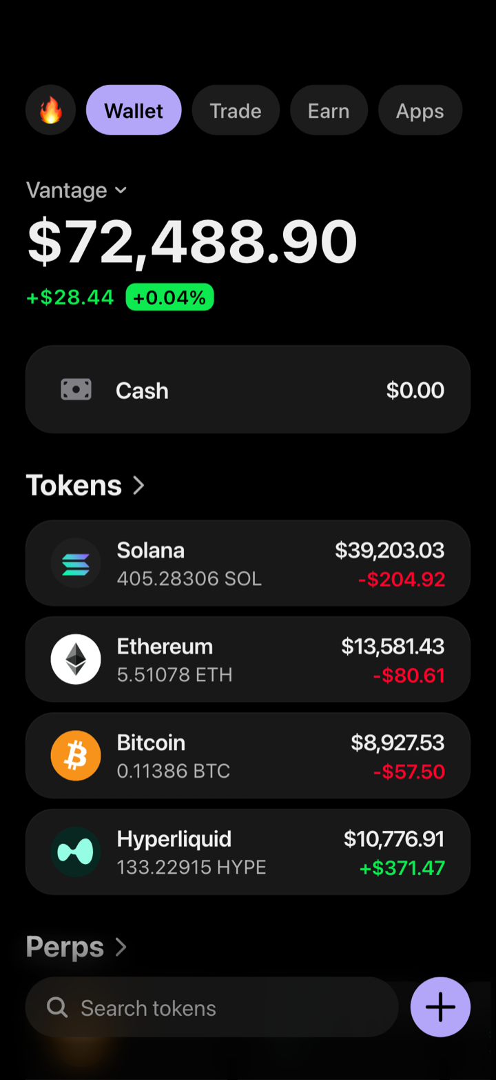 Crypto wallet portfolio screen composed in My Larp Wallet: a wallet named Vantage, a total balance above a list of 4 tokens showing each holding and its change over the day, in a dark theme with a lavender accent.