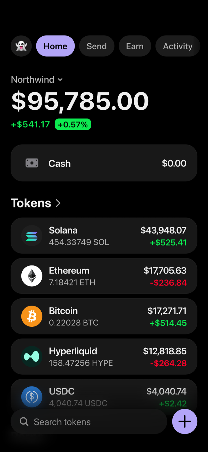 Crypto wallet portfolio screen composed in My Larp Wallet: a wallet named Northwind, a total balance above a list of 5 tokens showing each holding and its change over the day, in a dark theme with a lavender accent.