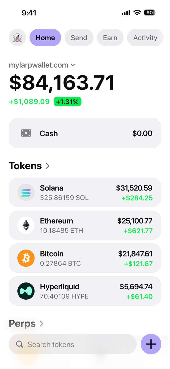 Crypto wallet portfolio screen composed in My Larp Wallet: a wallet named mylarpwallet.com, a total balance above a list of 4 tokens showing each holding and its change over the day, in a light theme with a lavender accent.