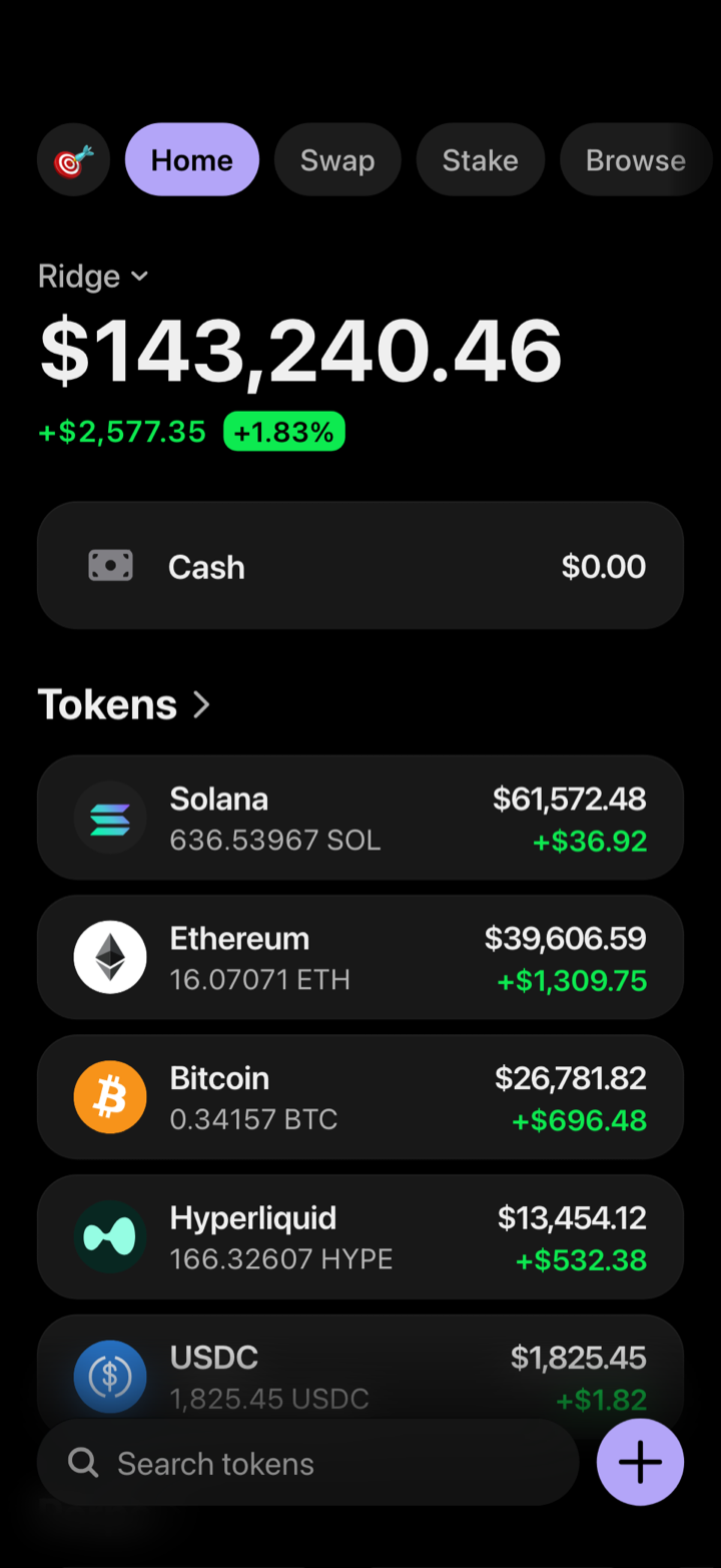Crypto wallet portfolio screen composed in My Larp Wallet: a wallet named Ridge, a total balance above a list of 5 tokens showing each holding and its change over the day, in a dark theme with a lavender accent.