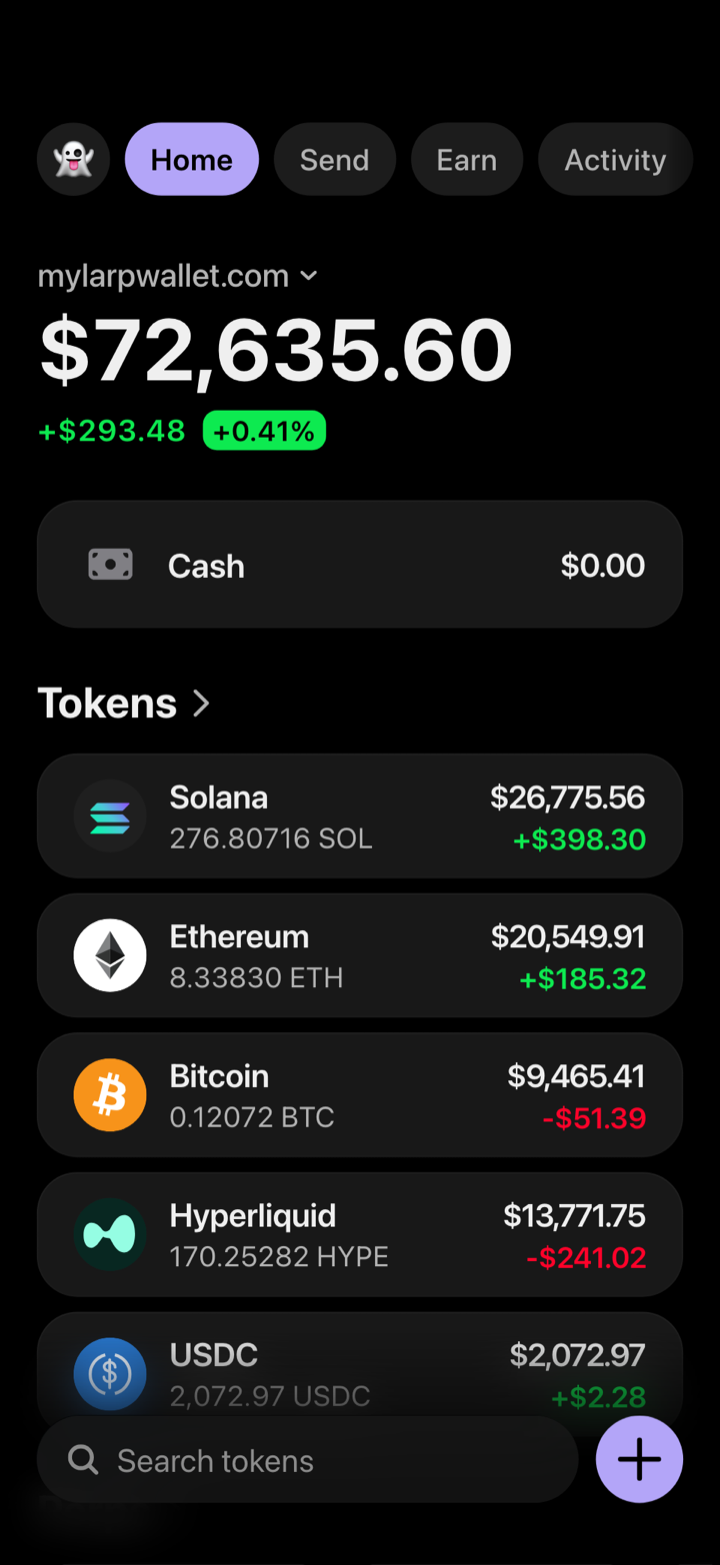 Crypto wallet portfolio screen composed in My Larp Wallet: a wallet named mylarpwallet.com, a total balance above a list of 5 tokens showing each holding and its change over the day, in a dark theme with a lavender accent.