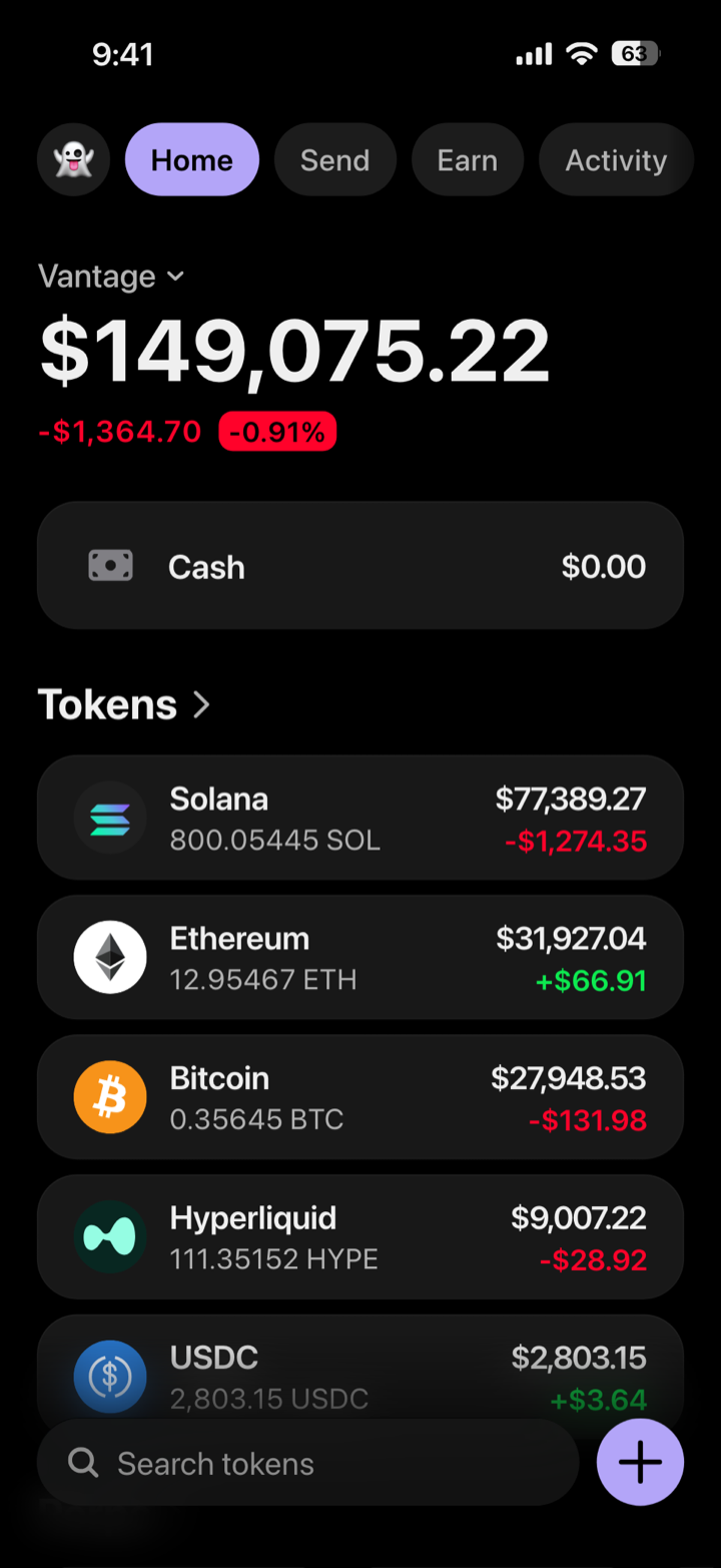 Crypto wallet portfolio screen composed in My Larp Wallet: a wallet named Vantage, a total balance above a list of 5 tokens showing each holding and its change over the day, in a dark theme with a lavender accent.