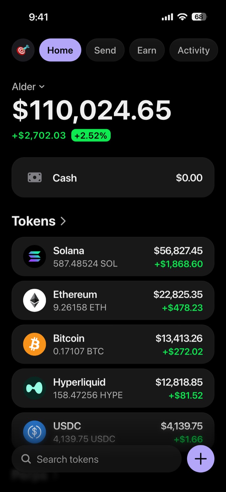 Crypto wallet portfolio screen composed in My Larp Wallet: a wallet named Alder, a total balance above a list of 5 tokens showing each holding and its change over the day, in a dark theme with a lavender accent.