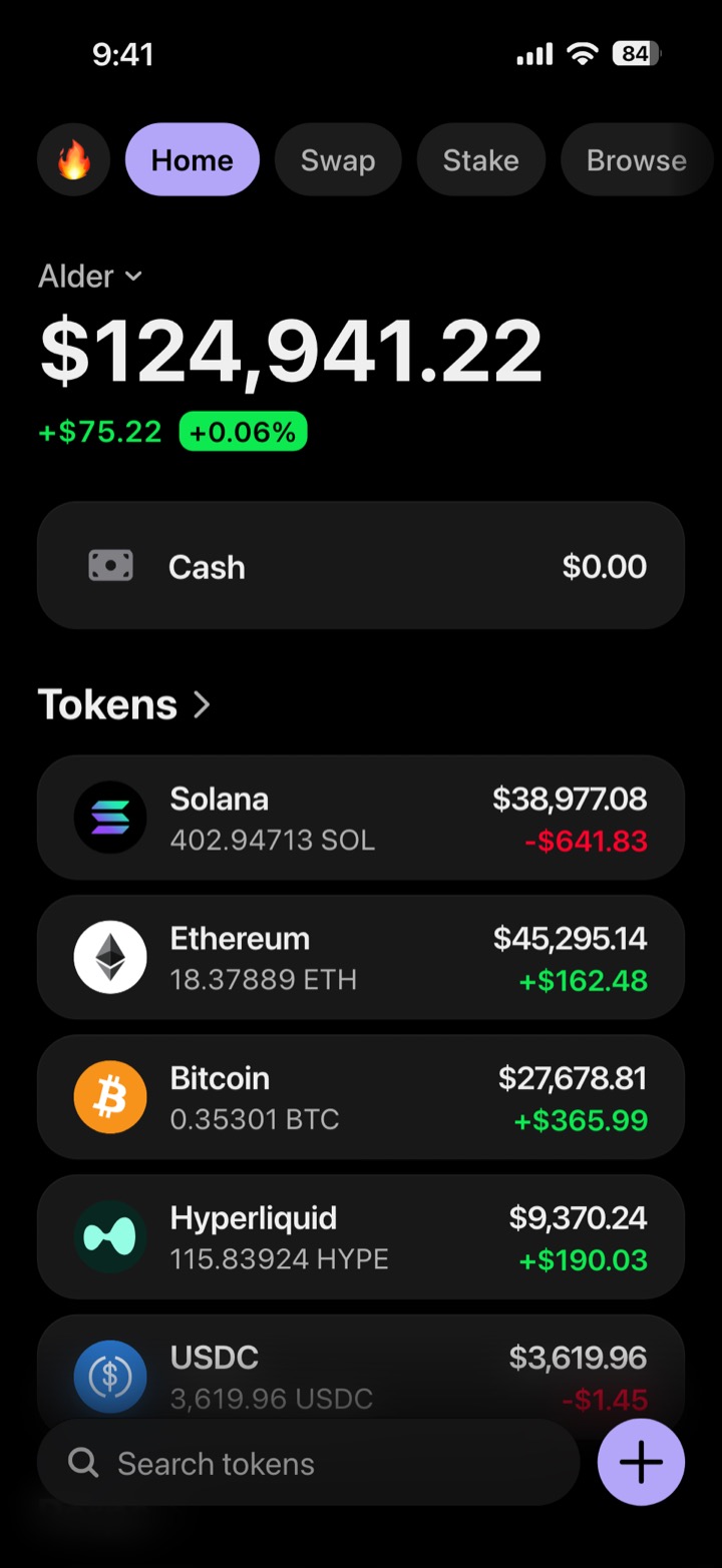 Crypto wallet portfolio screen composed in My Larp Wallet: a wallet named Alder, a total balance above a list of 5 tokens showing each holding and its change over the day, in a dark theme with a lavender accent.