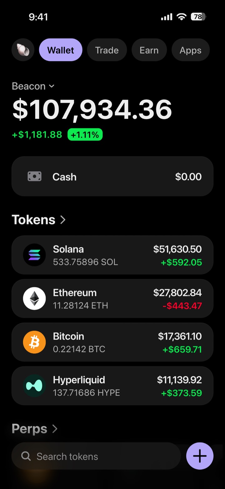 Crypto wallet portfolio screen composed in My Larp Wallet: a wallet named Beacon, a total balance above a list of 4 tokens showing each holding and its change over the day, in a dark theme with a lavender accent.