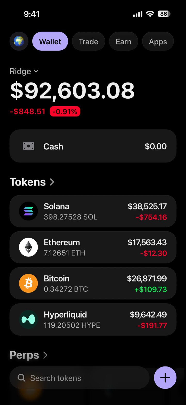 Crypto wallet portfolio screen composed in My Larp Wallet: a wallet named Ridge, a total balance above a list of 4 tokens showing each holding and its change over the day, in a dark theme with a lavender accent.