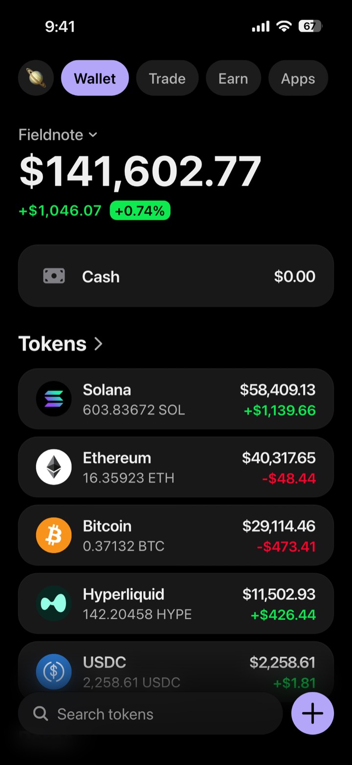Crypto wallet portfolio screen composed in My Larp Wallet: a wallet named Fieldnote, a total balance above a list of 5 tokens showing each holding and its change over the day, in a dark theme with a lavender accent.