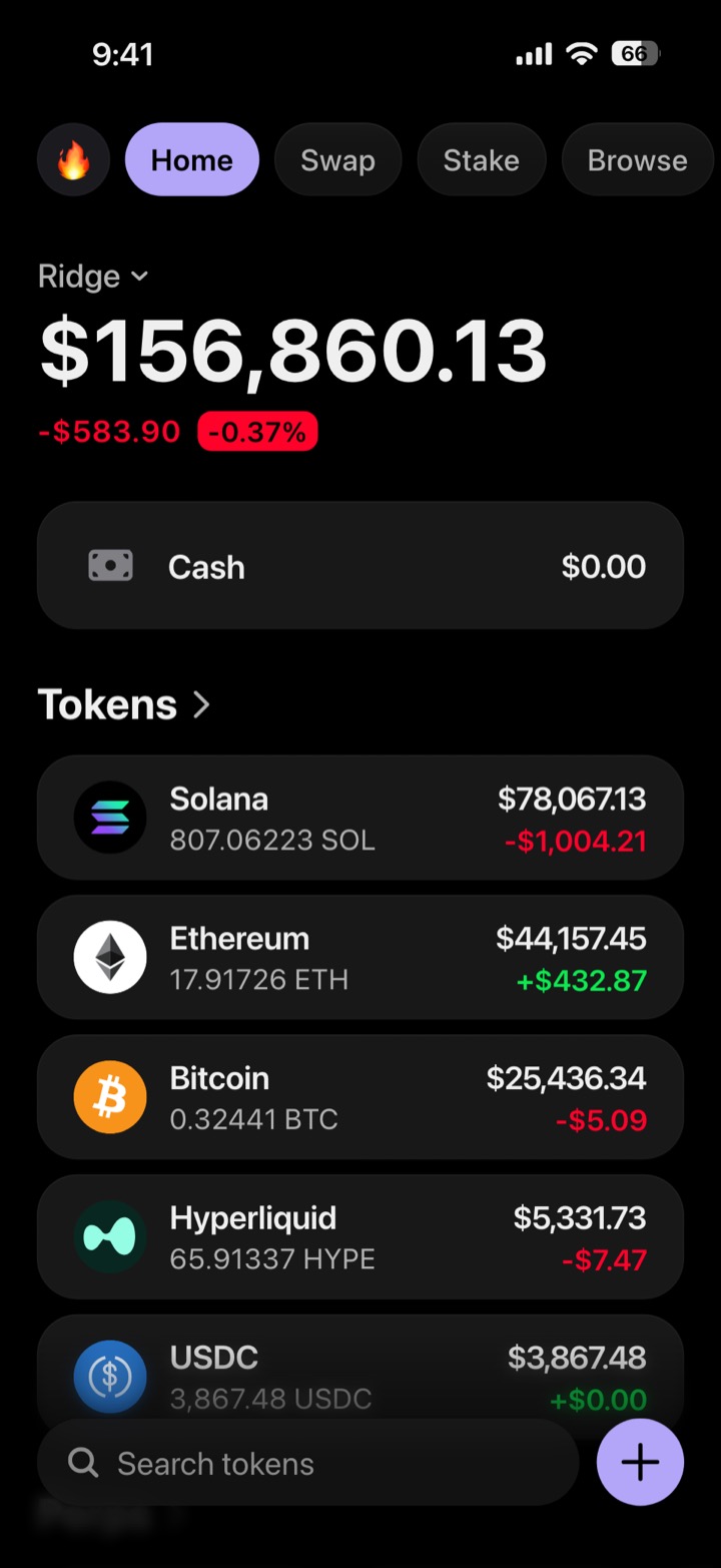 Crypto wallet portfolio screen composed in My Larp Wallet: a wallet named Ridge, a total balance above a list of 5 tokens showing each holding and its change over the day, in a dark theme with a lavender accent.