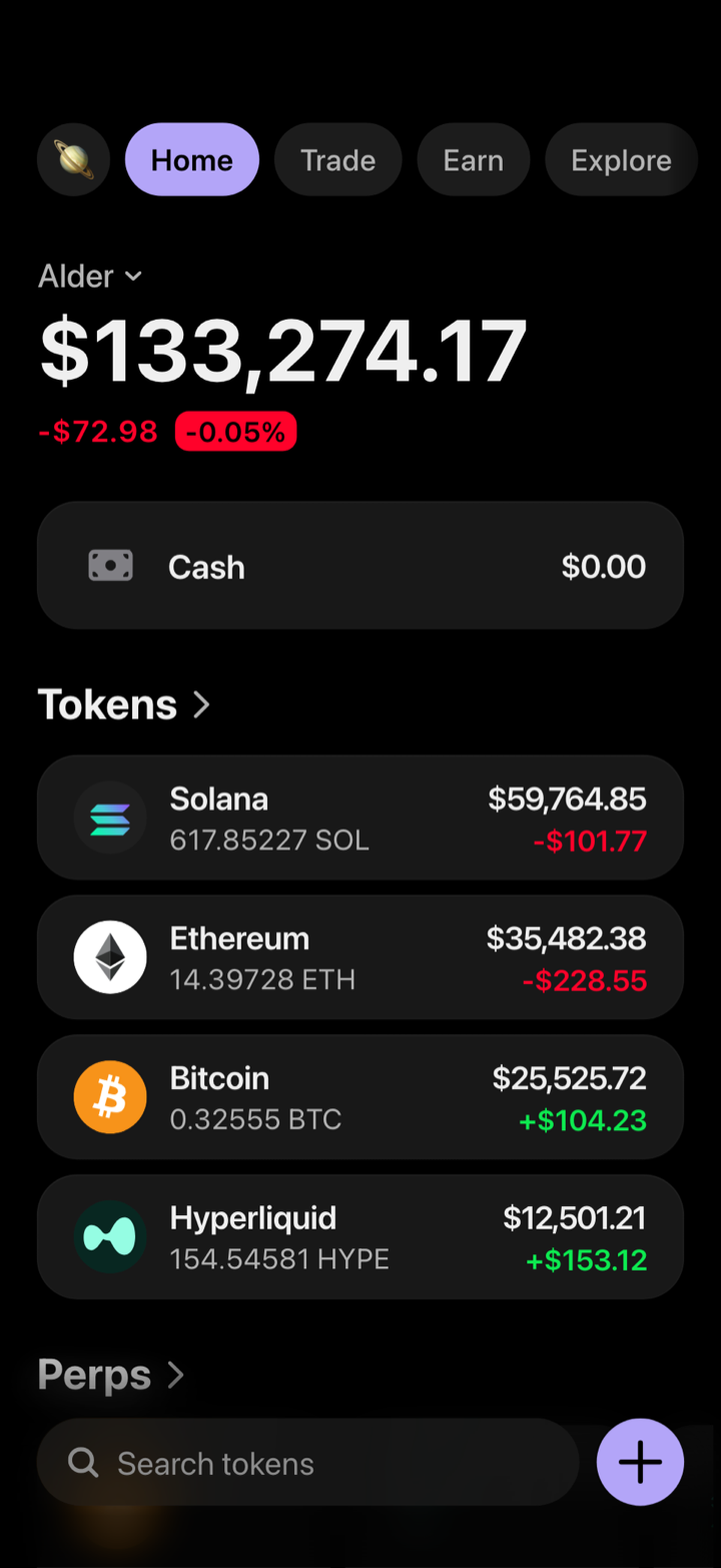 Crypto wallet portfolio screen composed in My Larp Wallet: a wallet named Alder, a total balance above a list of 4 tokens showing each holding and its change over the day, in a dark theme with a lavender accent.