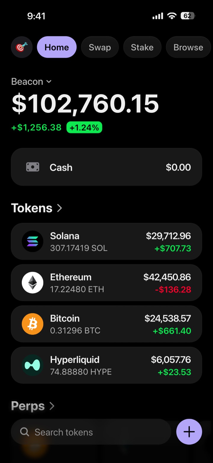 Crypto wallet portfolio screen composed in My Larp Wallet: a wallet named Beacon, a total balance above a list of 4 tokens showing each holding and its change over the day, in a dark theme with a lavender accent.