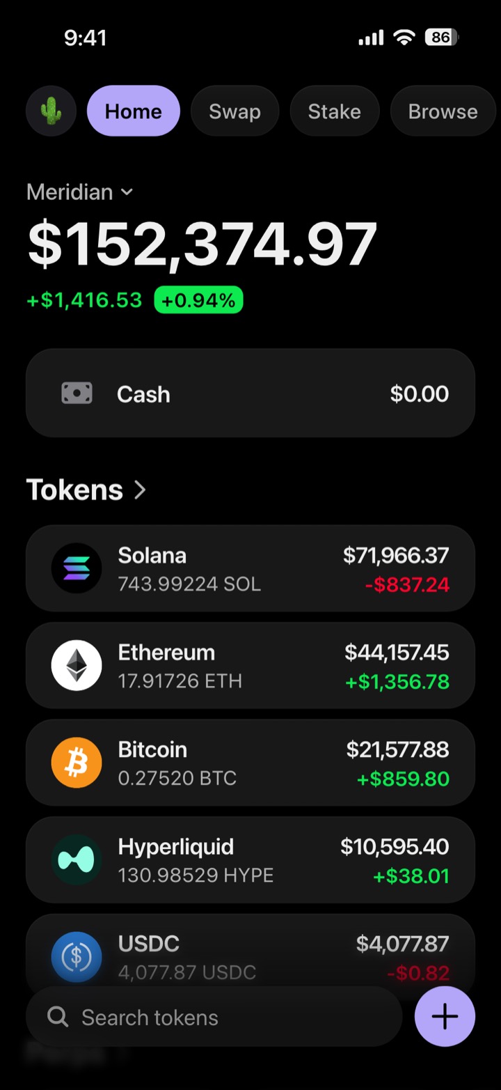 Crypto wallet portfolio screen composed in My Larp Wallet: a wallet named Meridian, a total balance above a list of 5 tokens showing each holding and its change over the day, in a dark theme with a lavender accent.