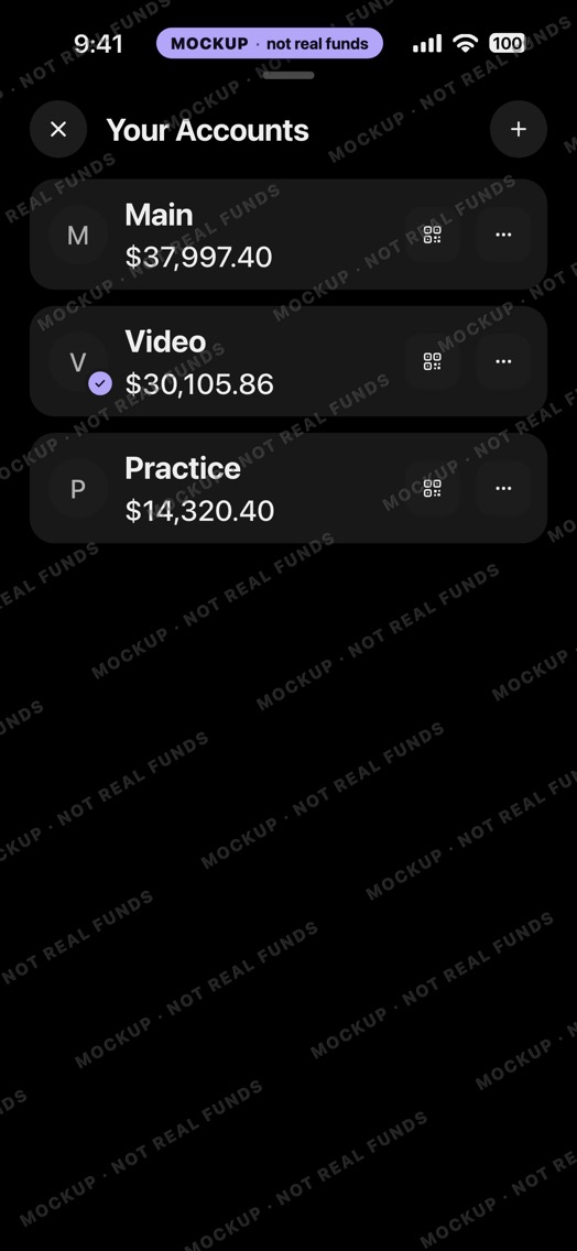 Mockup of a crypto wallet accounts sheet in dark mode: three accounts, Main, Video and Practice, with Video checked.