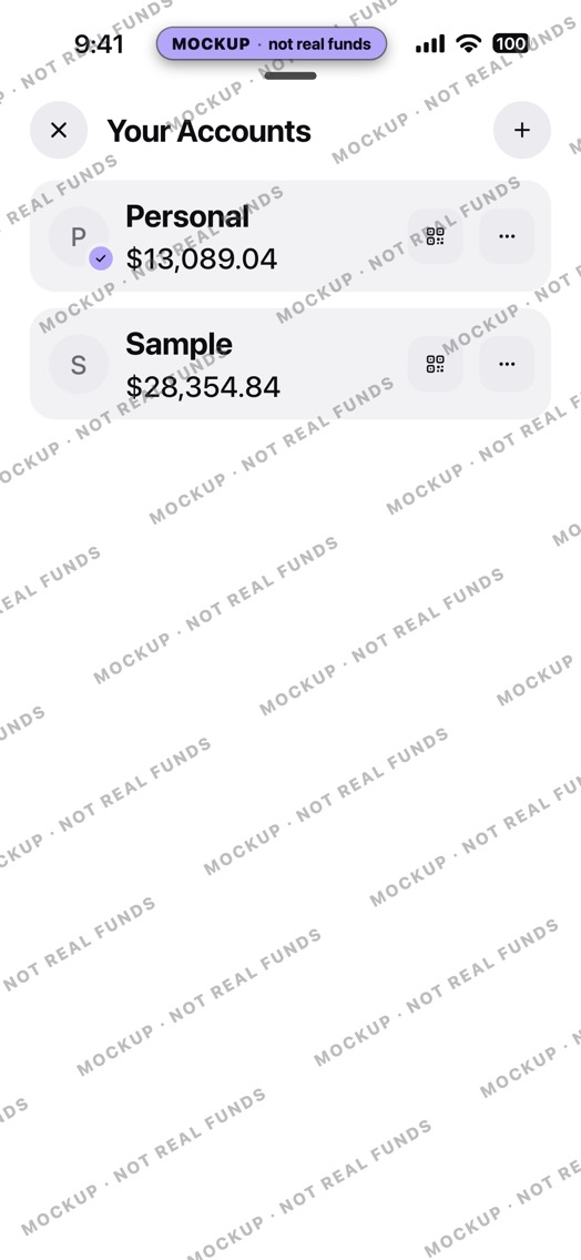 Mockup of a crypto wallet accounts sheet in light mode: two accounts, Personal (checked) and Sample.