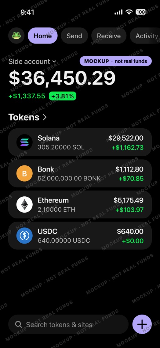 Mockup of a crypto wallet home screen in dark mode: wallet Side account, SOL, a lettered BONK badge, ETH and USDC.