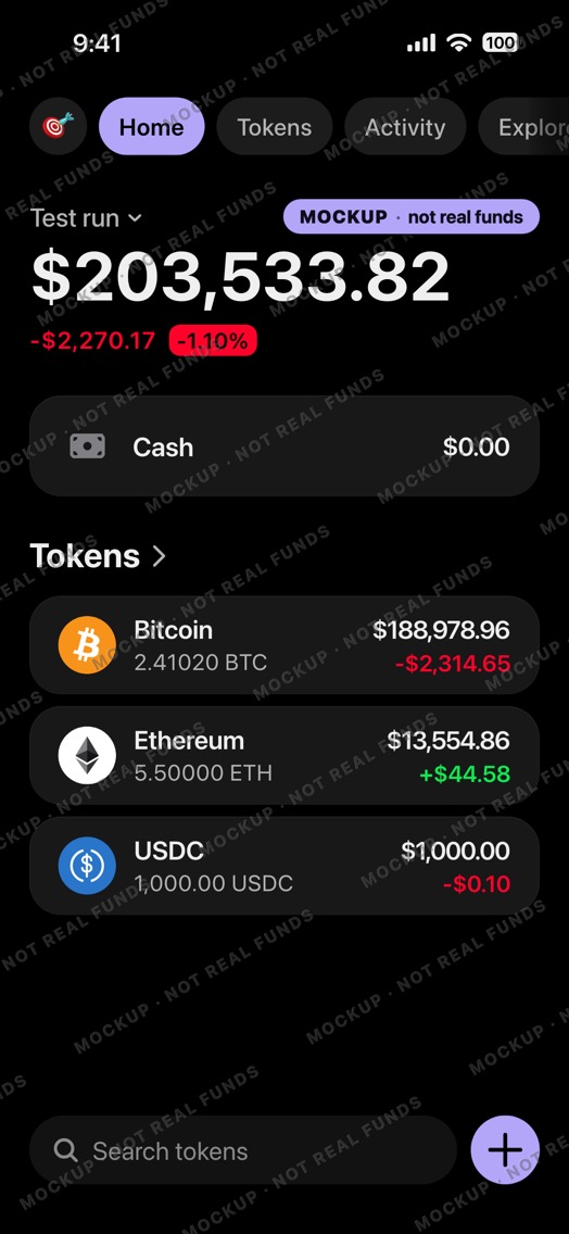 Mockup of a crypto wallet home screen in dark mode: wallet Test run, a large BTC row above ETH and USDC, total down for the day.