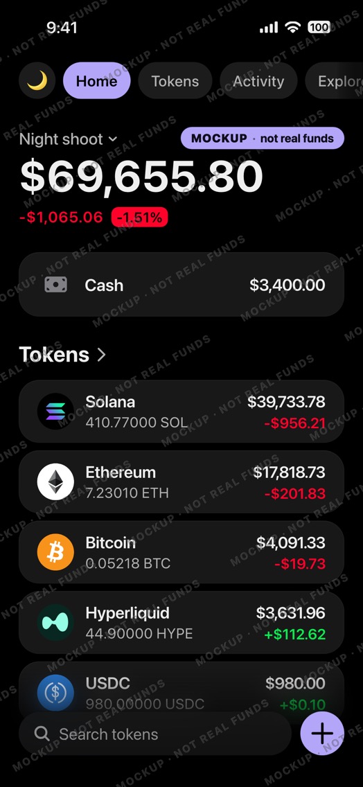 Mockup of a crypto wallet home screen in dark mode: wallet Night shoot, total down for the day, a Cash row and five token rows.
