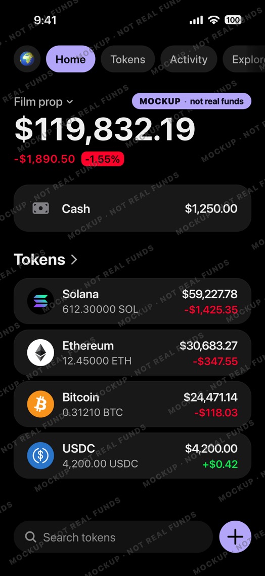 Mockup of a crypto wallet home screen in dark mode: wallet Film prop, total down for the day in red, a Cash row, SOL, ETH, BTC and USDC.