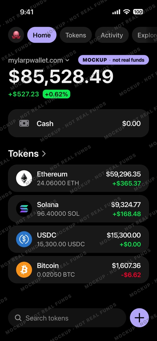 Mockup of a crypto wallet home screen in dark mode: wallet mylarpwallet.com, rows for ETH, SOL, USDC and BTC, ETH the largest.