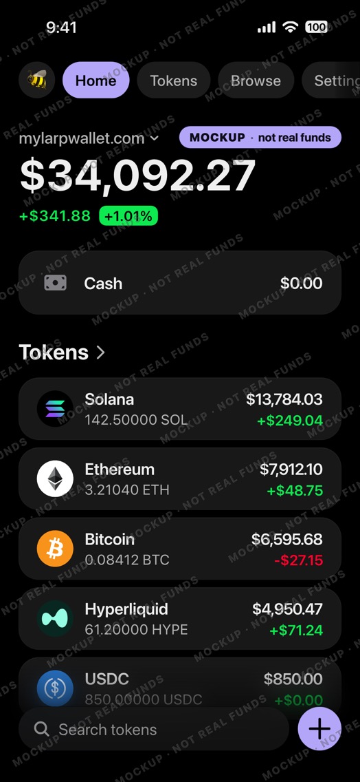 Mockup of a crypto wallet home screen in dark mode: wallet mylarpwallet.com, an empty Cash row, SOL, ETH, BTC, HYPE and USDC.