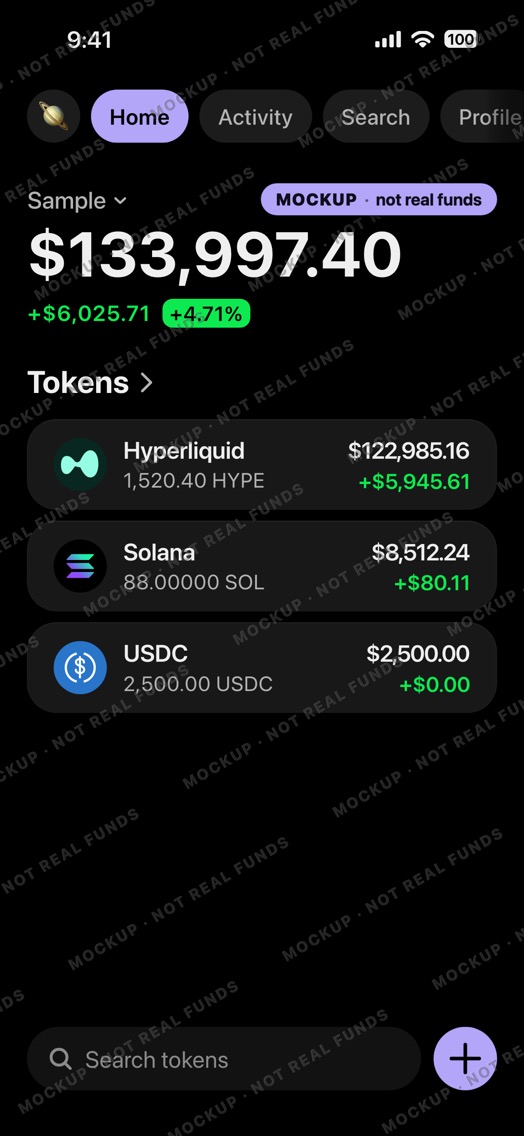 Mockup of a crypto wallet home screen in dark mode: wallet Sample, a large HYPE row above SOL and USDC.