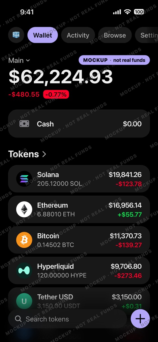 Mockup of a crypto wallet home screen in dark mode: wallet Main, six token rows including USDT on a green lettered badge.